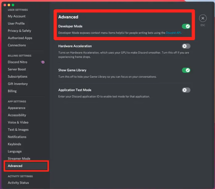 How to turn on discord developer mode on the website or in the desktop app